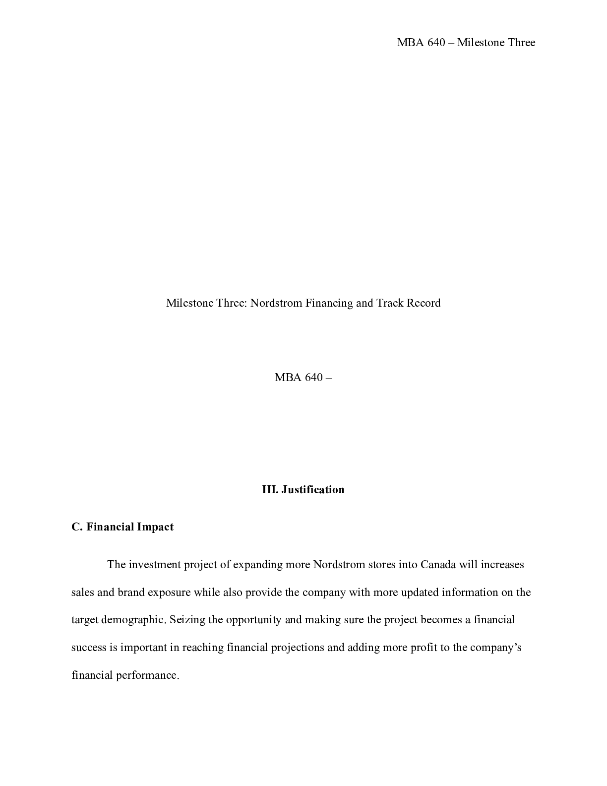 Preview image for MBA 640   Milestone Three Nordstorm|    Milestone Three: Nordstrom Financing and Track